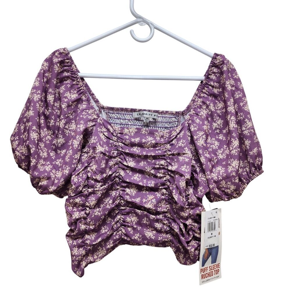 Celebrity Pink Womens Purple Puff Sleeve Ruched Top With Floral Print Size L